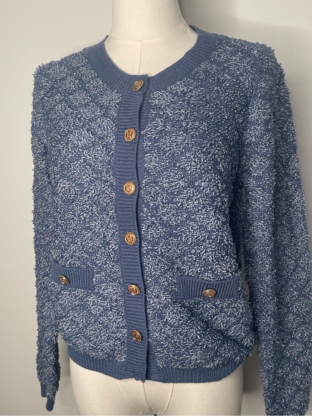 Heartloom Soft Baby Blue Bouclé Gold Button Front Cardigan Parisian Chic